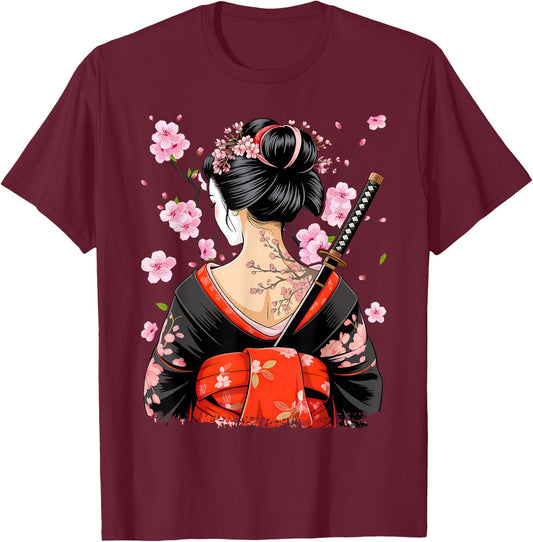 Japanese Samurai Girl Sakura Cherry Blossom Geisha T-Shirt - T-Shirt | Maroon
