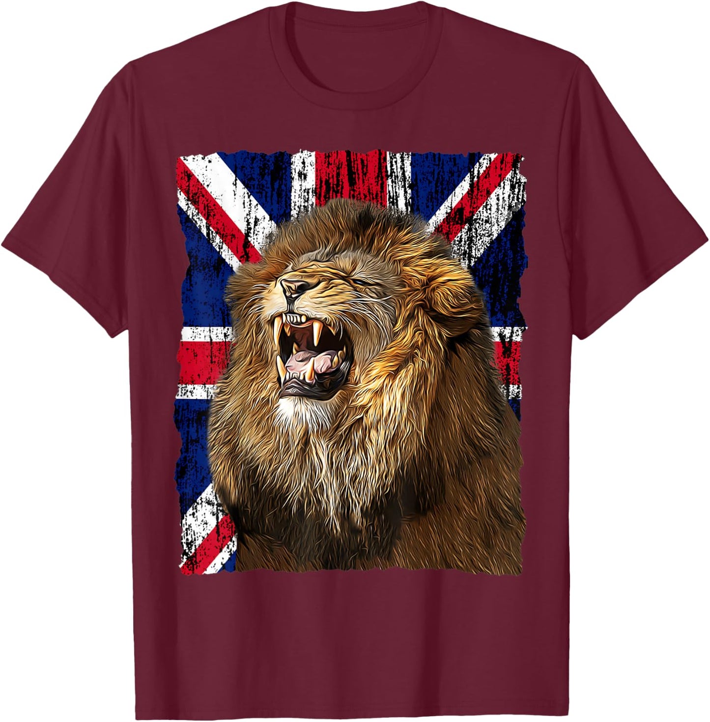 Patriotic Roaring Lion UK Flag Distressed United Kingdom T-Shirt - T-Shirt | Maroon