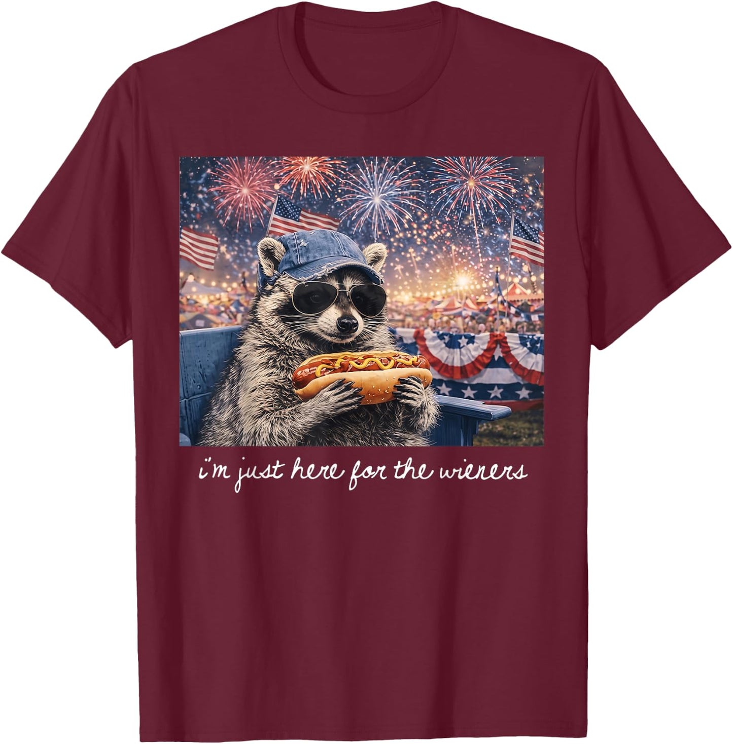 I'm Just Here for The Wieners Vintage Raccoon 4th of July T-Shirt - T-Shirt | Maroon