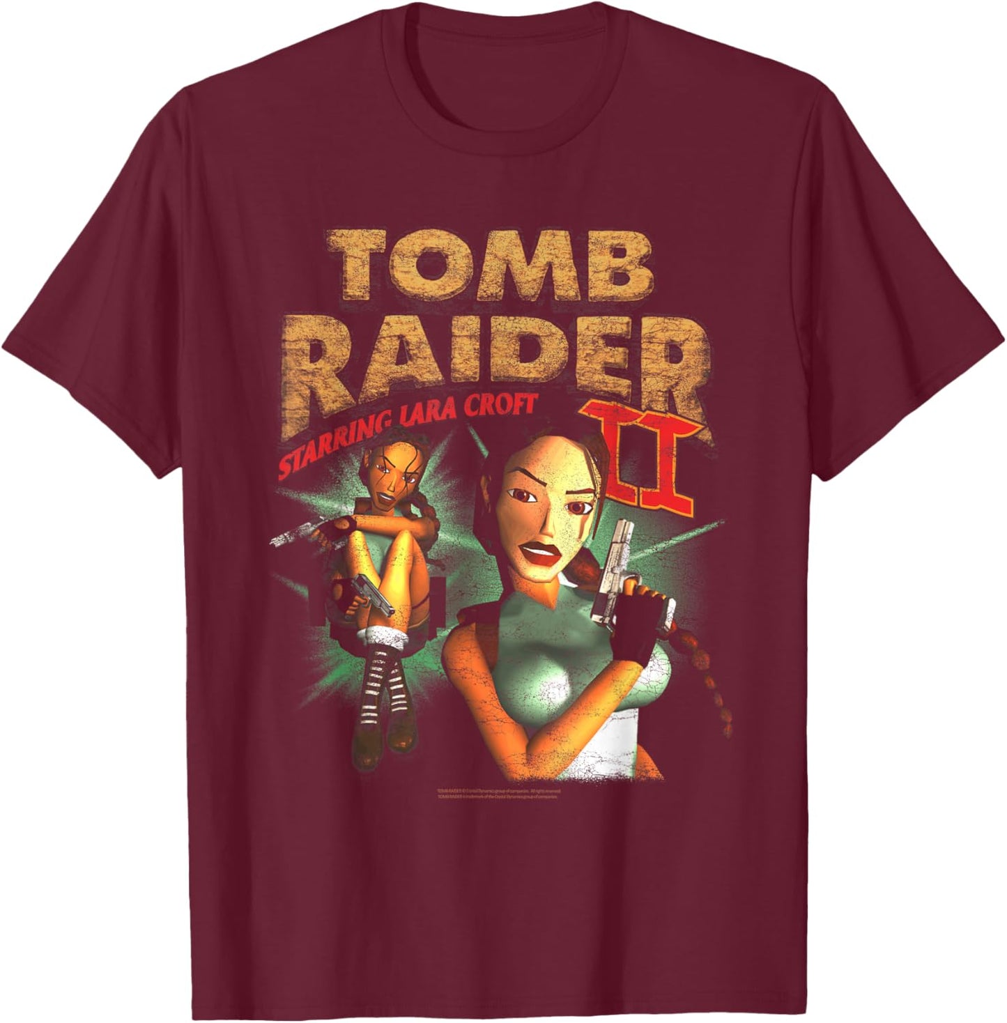 Tomb Raider II Staring Lara Croft Vintage Collage Video Game T-Shirt - T-Shirt | Maroon