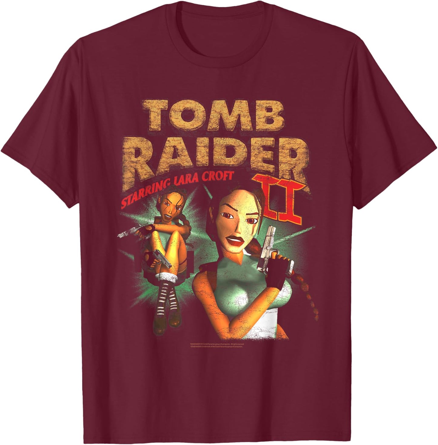 II Staring Lara Croft Vintage Collage Video Game T-Shirt - T-Shirt | Maroon