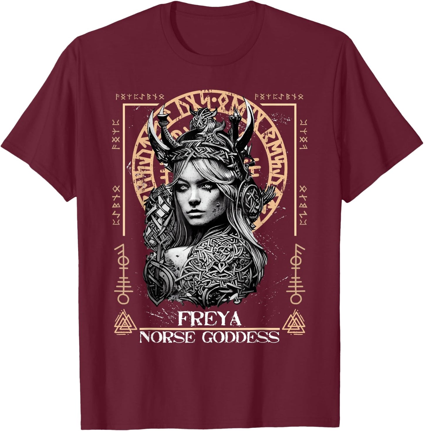 Norse Goddess Warrior Freya Viking Gods Designs - Erwachsene Schwarz Klein Kurzarm Keltische Wikinger-Mythologie T-Shirt - T-Shirt | Maroon