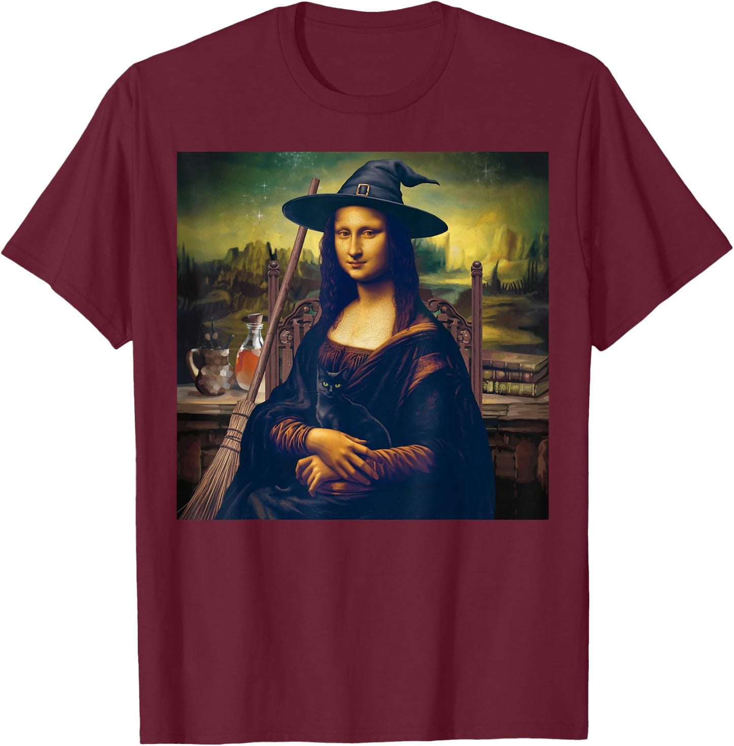The mona lisa witch, mona lisa art halloween T-Shirt - T-Shirt | Maroon