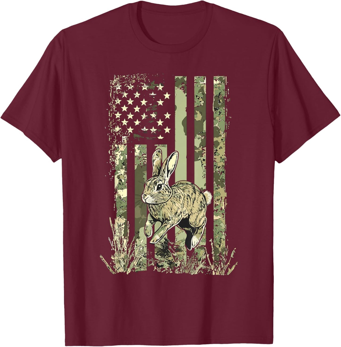 Camouflage Bunny Rabbit American Flag Hunting Rabbit Hunter T-Shirt - T-Shirt | Maroon