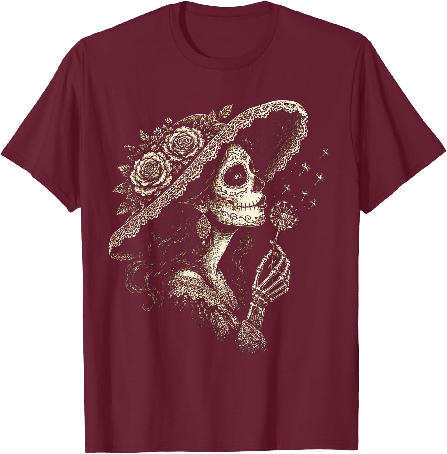 la Catrina Blowing Wish Sugar Skull Lady Dandelion Art T-Shirt - T-Shirt | Maroon