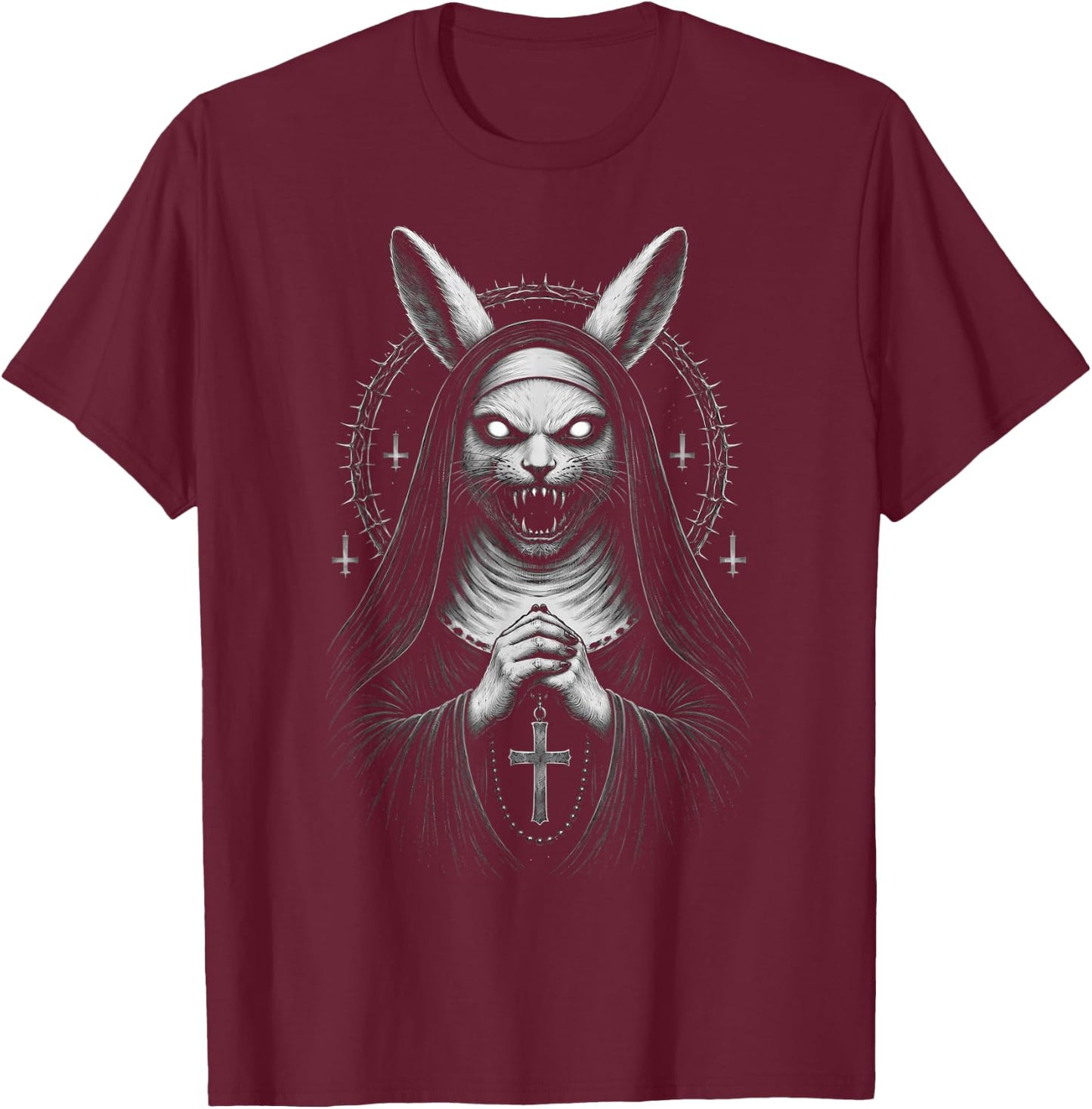 Creepy Dark Bunny Nun Horror Gothic Unholy Aesthetic Demon T-Shirt - T-Shirt | Maroon