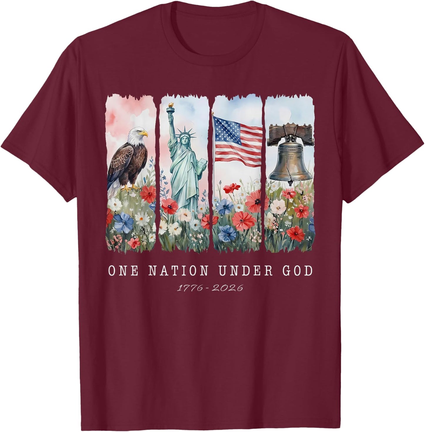 One Nation Under God Christian Wildflower 250th Women Girls T-Shirt - T-Shirt | Maroon