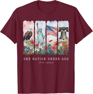 One Nation Under God Christian Wildflower 250th Women Girls T-Shirt - T-Shirt | Maroon