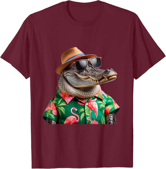 Florida Alligator Hawaiian Shirt Funny Vacation Gator Art T-Shirt - T-Shirt | Maroon