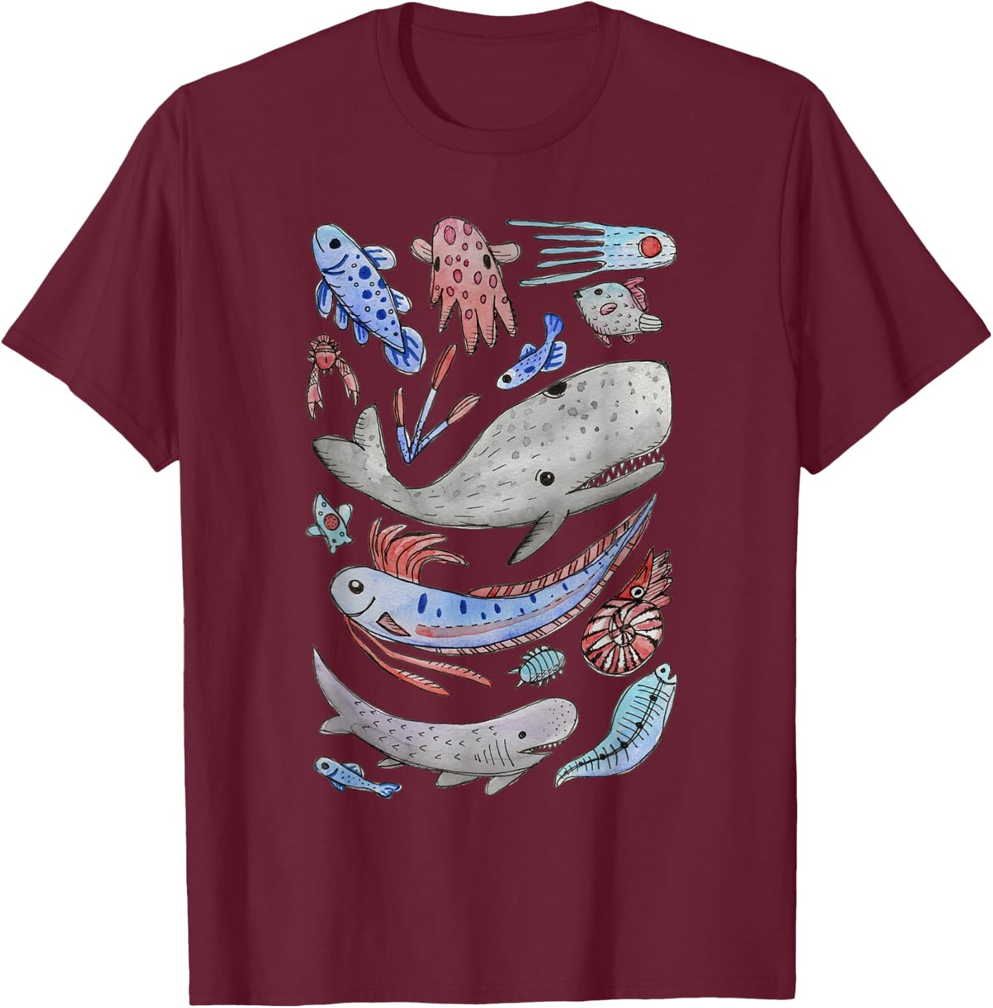Deep Sea Ocean Creatures Oarfish Whale Shark Watercolor T-Shirt - T-Shirt | Maroon