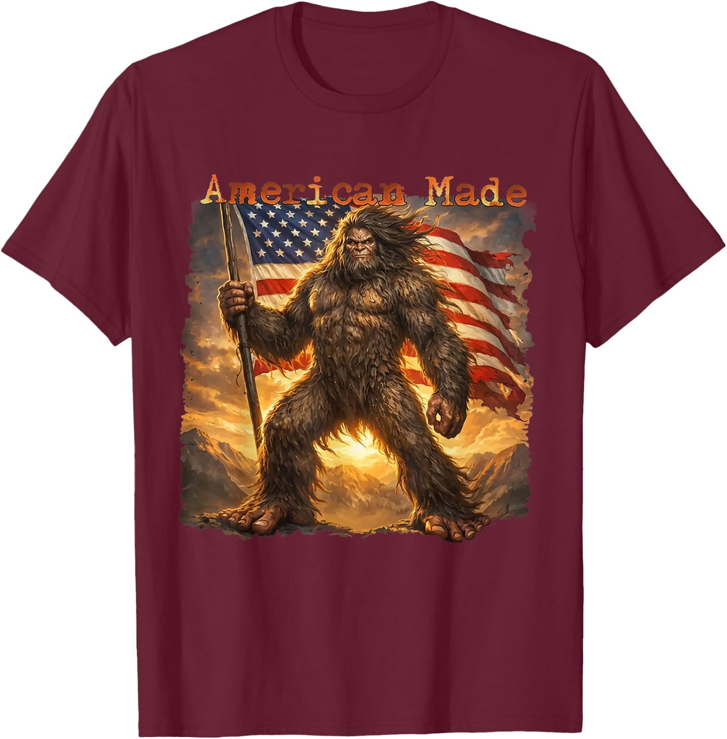 American Made Funny Bigfoot USA Flag Retro T-Shirt - T-Shirt | Maroon