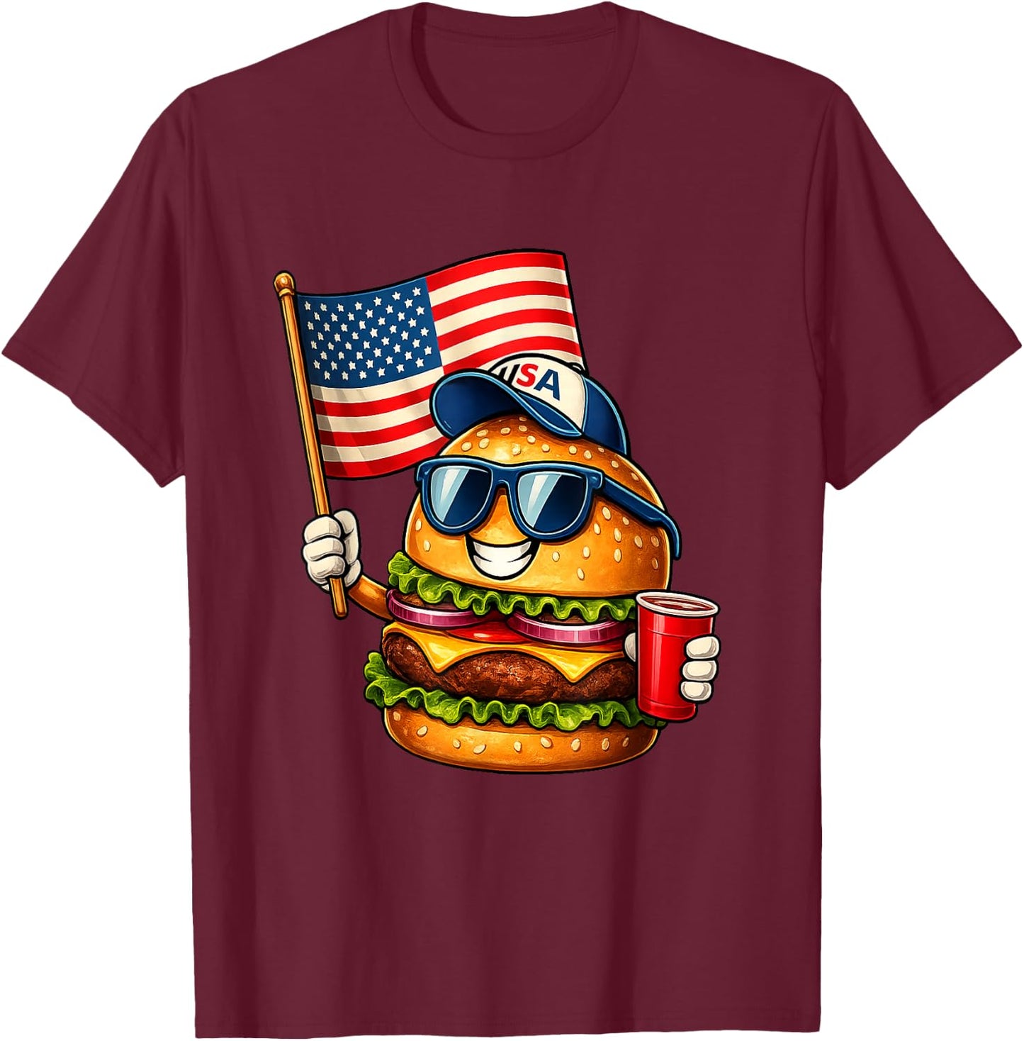 Funny 4th of July Burger Patriotic USA Flag BBQ T-Shirt - T-Shirt | Maroon