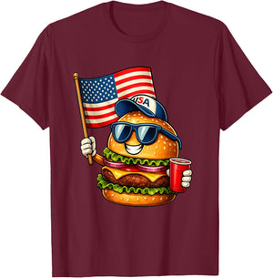 Funny 4th of July Burger Patriotic USA Flag BBQ T-Shirt - T-Shirt | Maroon