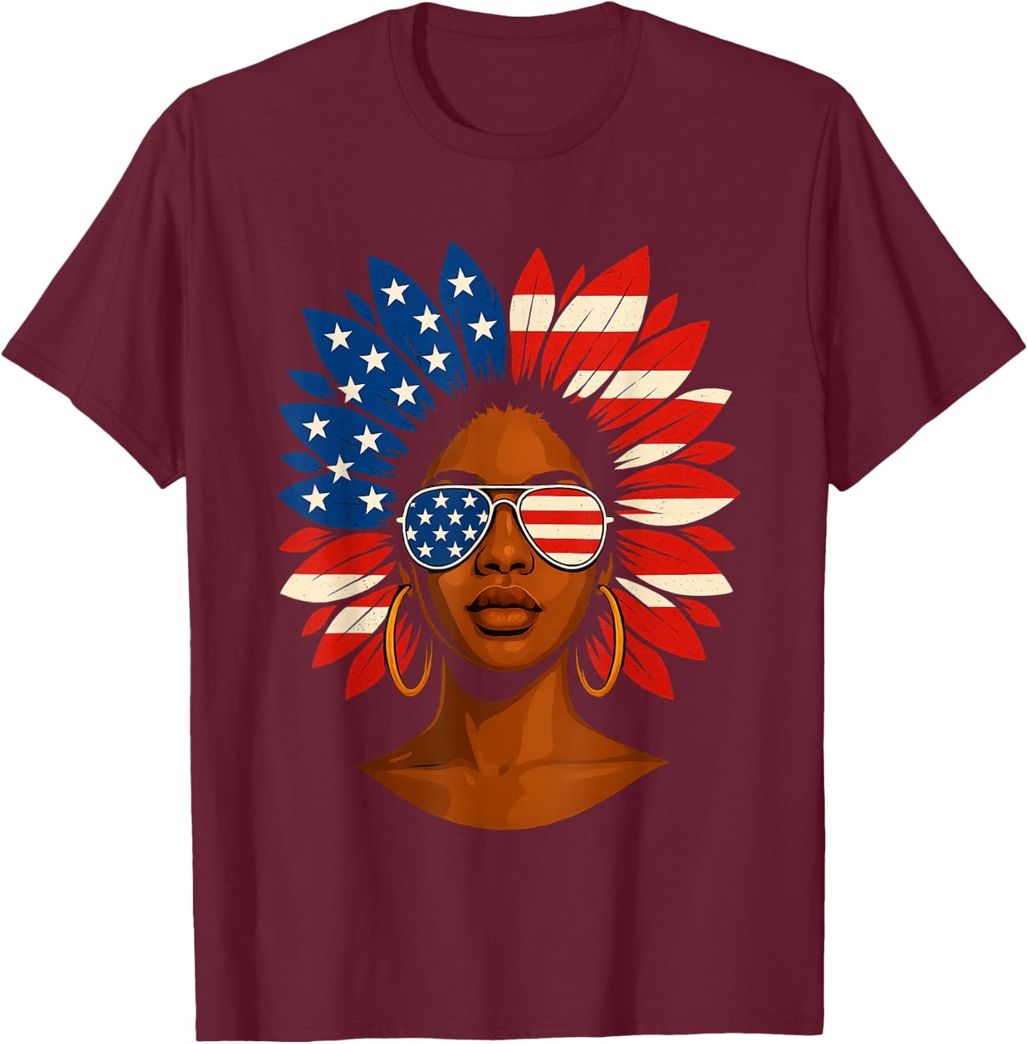 Afro Sunflower African American 4th of July Melanin T-Shirt - T-Shirt | Maroon