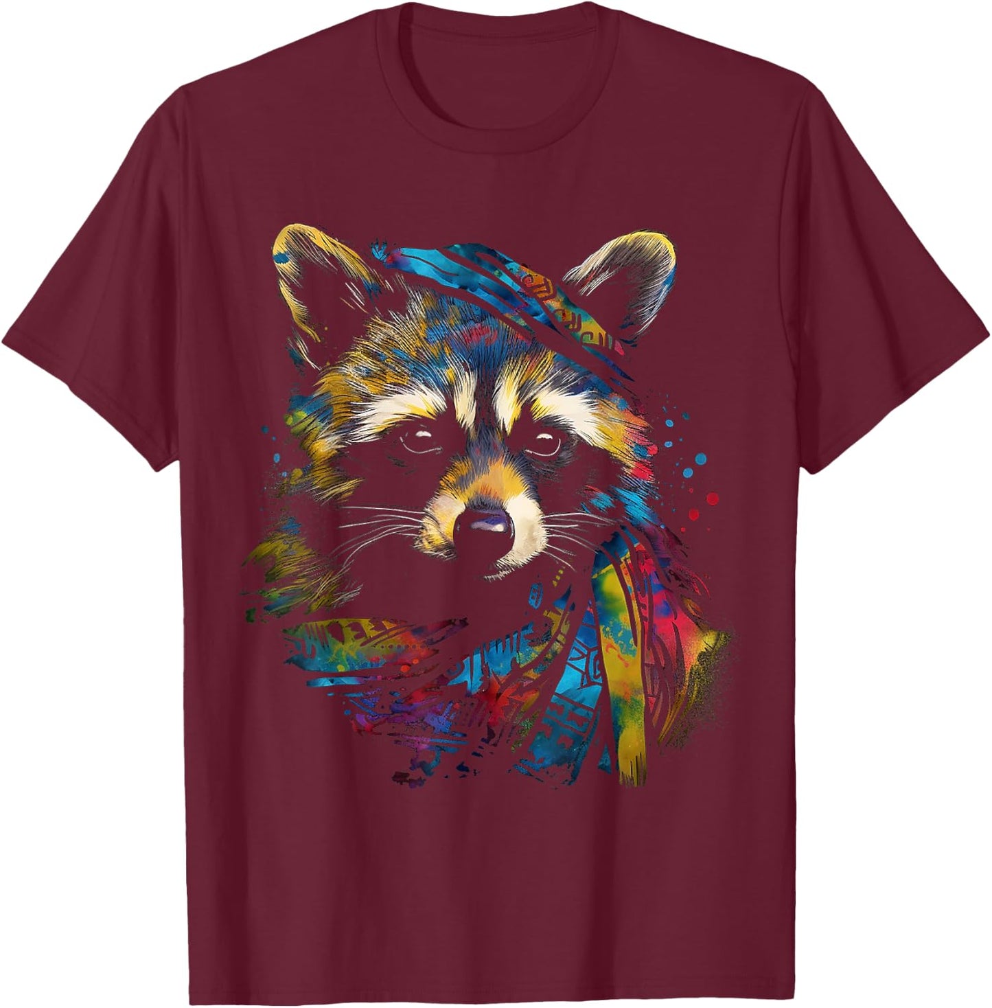Waschbär Niedliche Kunst Bunte Tierzeichnung Grafik Waschbär T-Shirt - T-Shirt | Maroon