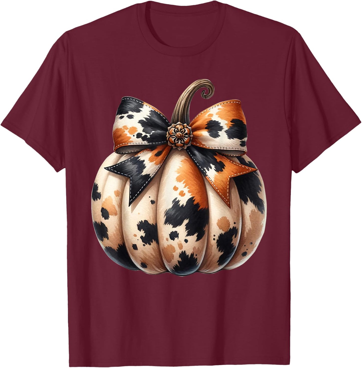 Coquette Pumpkin Cow Skin Autumn Pumpkin Cowhide Bow Fall T-Shirt - T-Shirt | Maroon
