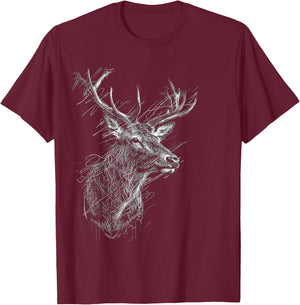 Deer Drawing Animal Zoo Illustration Deer , Black, S T-Shirt - T-Shirt | Maroon