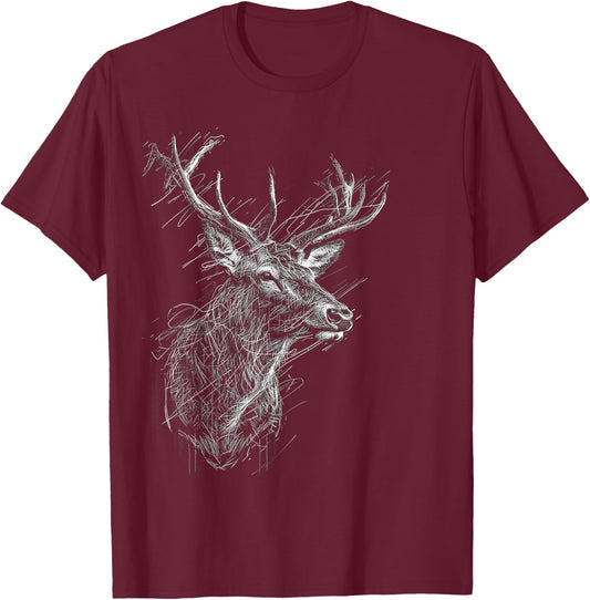 Deer Drawing Animal Zoo Illustration Deer , Black, S T-Shirt - T-Shirt | Maroon