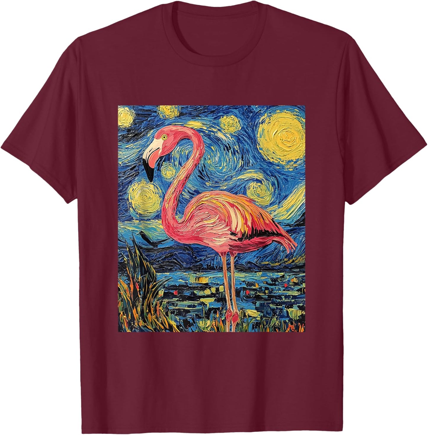 Cute Flamingo - Van Gogh Style - Starry Night T-Shirt - T-Shirt | Maroon