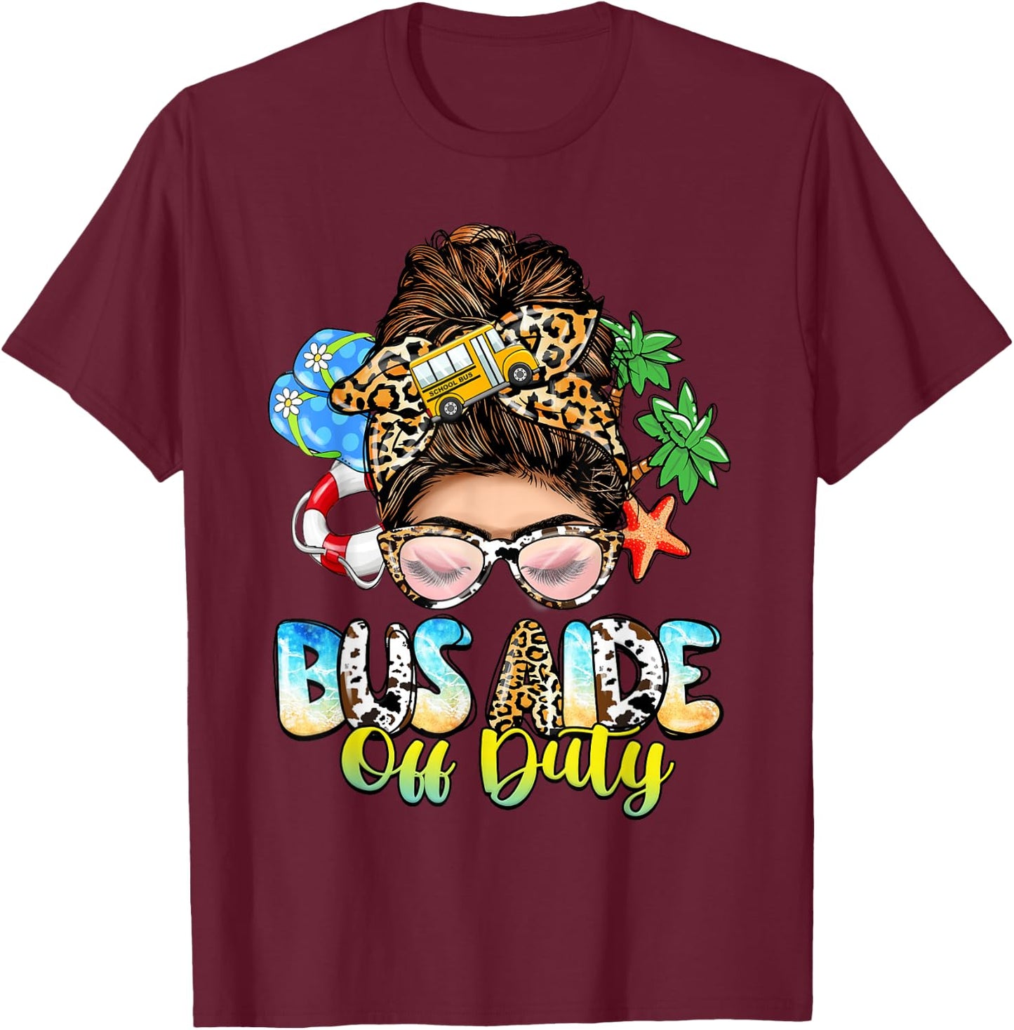 Buses Consultant Messy Bun Leopard Last Day of School T-Shirt - T-Shirt | Maroon