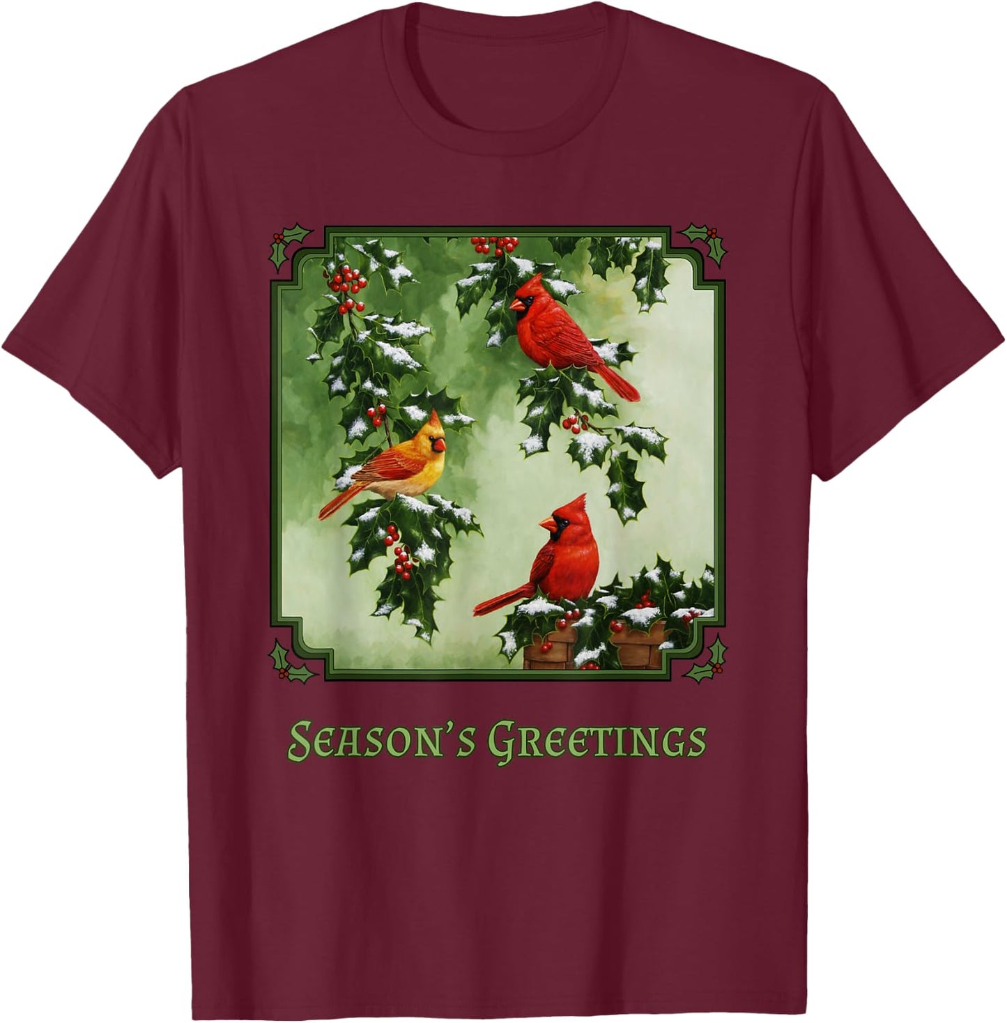 Red Cardinal Birds Christmas Holly Berries Leaves Snow T-Shirt - T-Shirt | Maroon