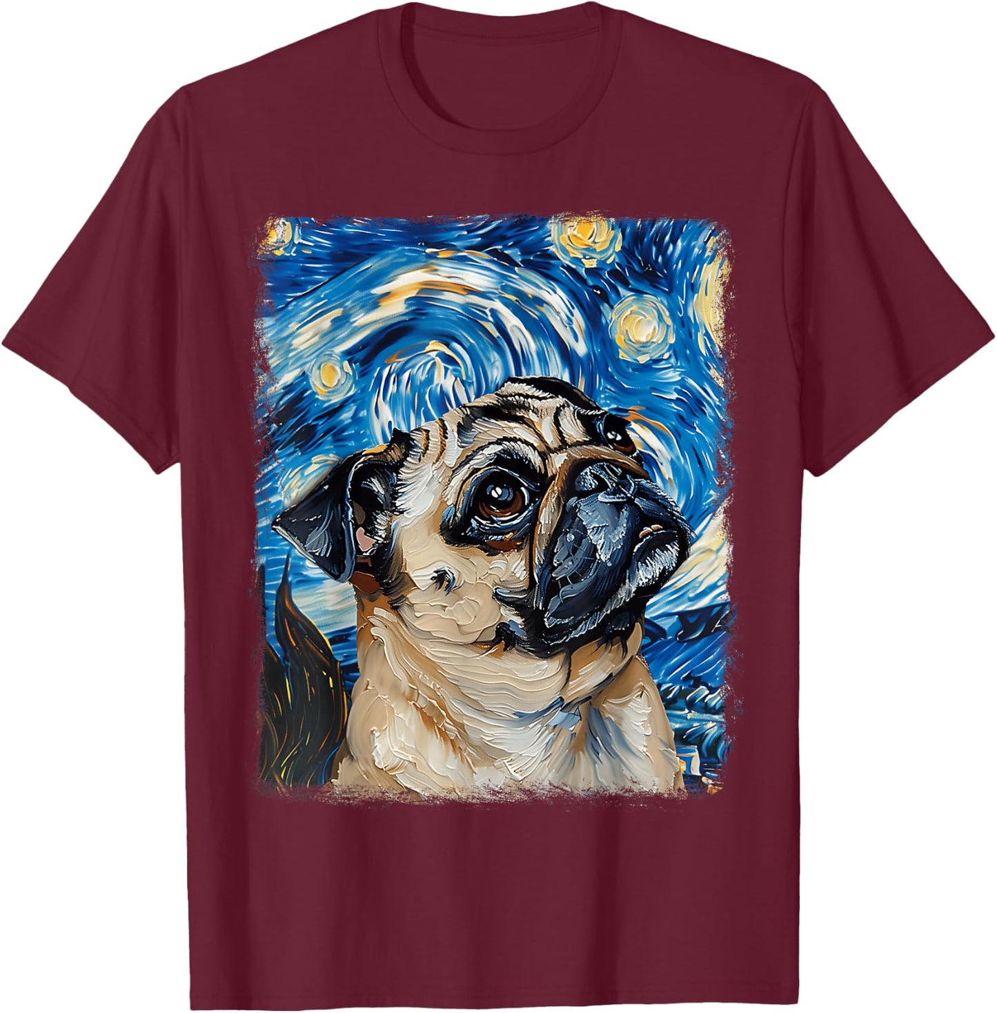 Pug Dog Starry Night Painting T-Shirt - T-Shirt | Maroon