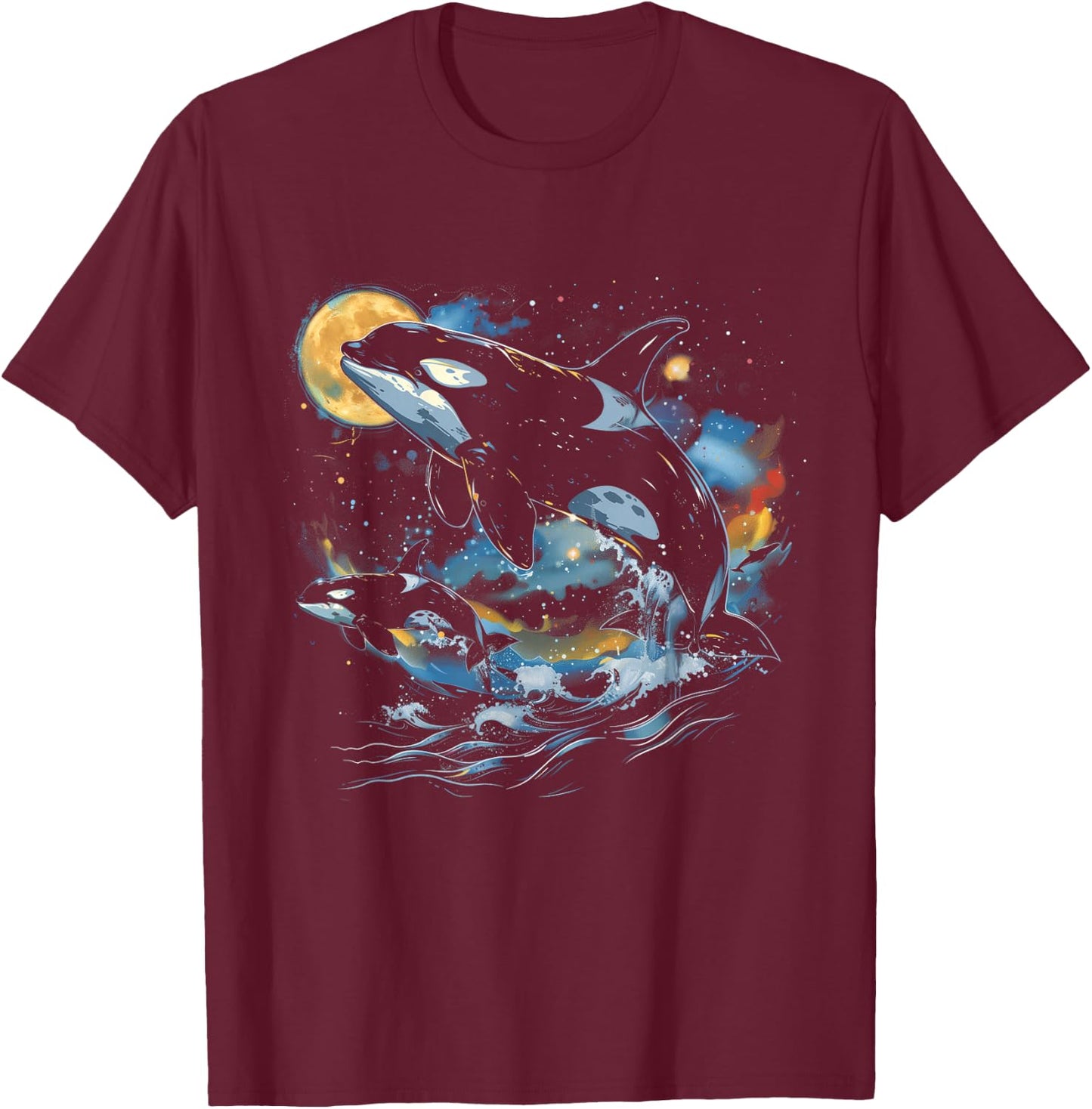Orca In Space, Planets, Stars, Wall Lovers T-Shirt - T-Shirt | Maroon