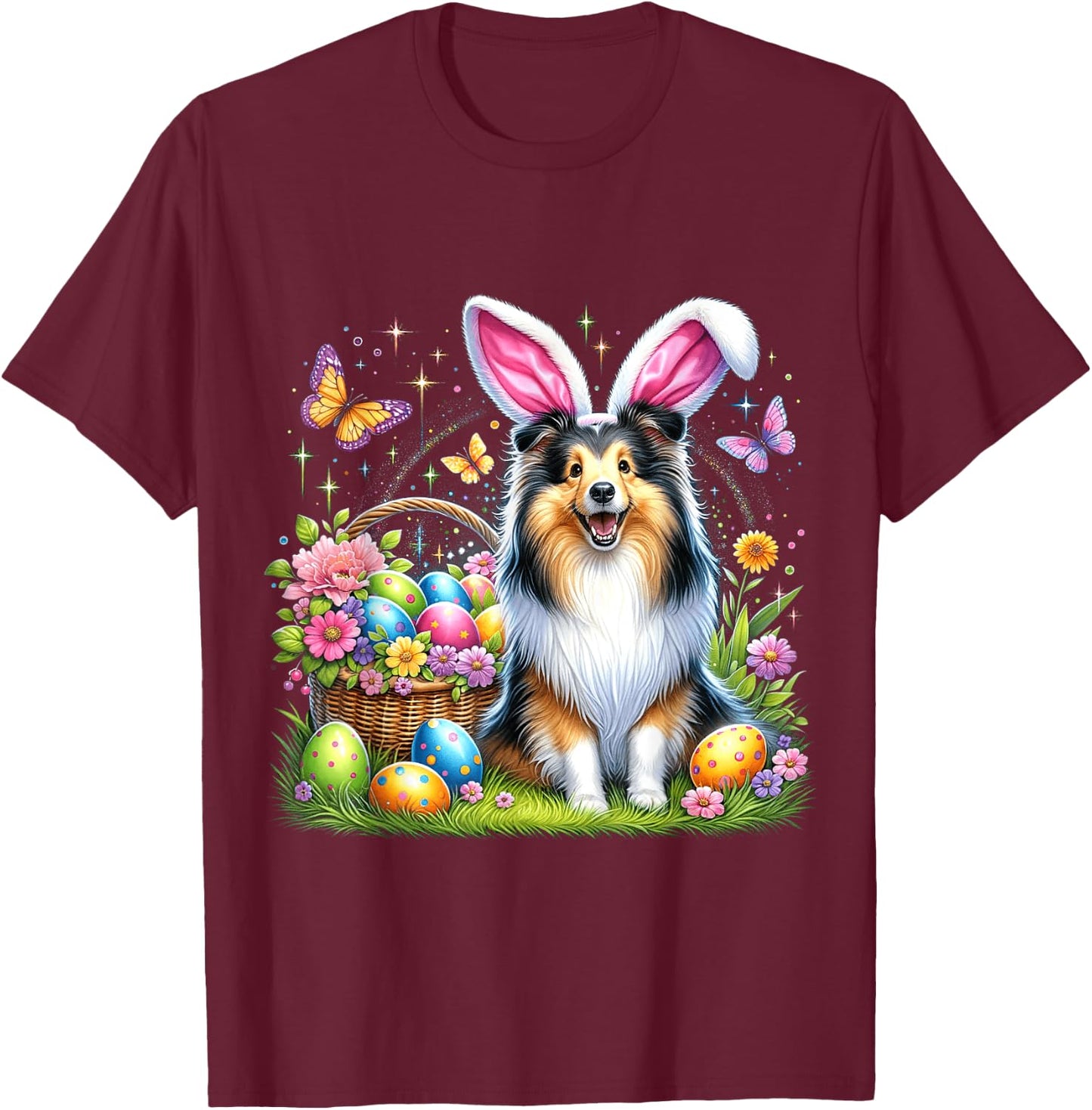 Cute Bunny Shetland Sheepdog Dog Easter Eggs Basket Party T-Shirt - T-Shirt | Maroon