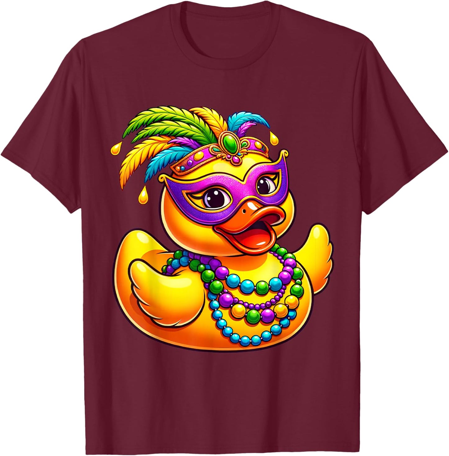 Mardi Gras Duck Wearing Mardi Gras Costume Beads Mask T-Shirt - T-Shirt | Maroon