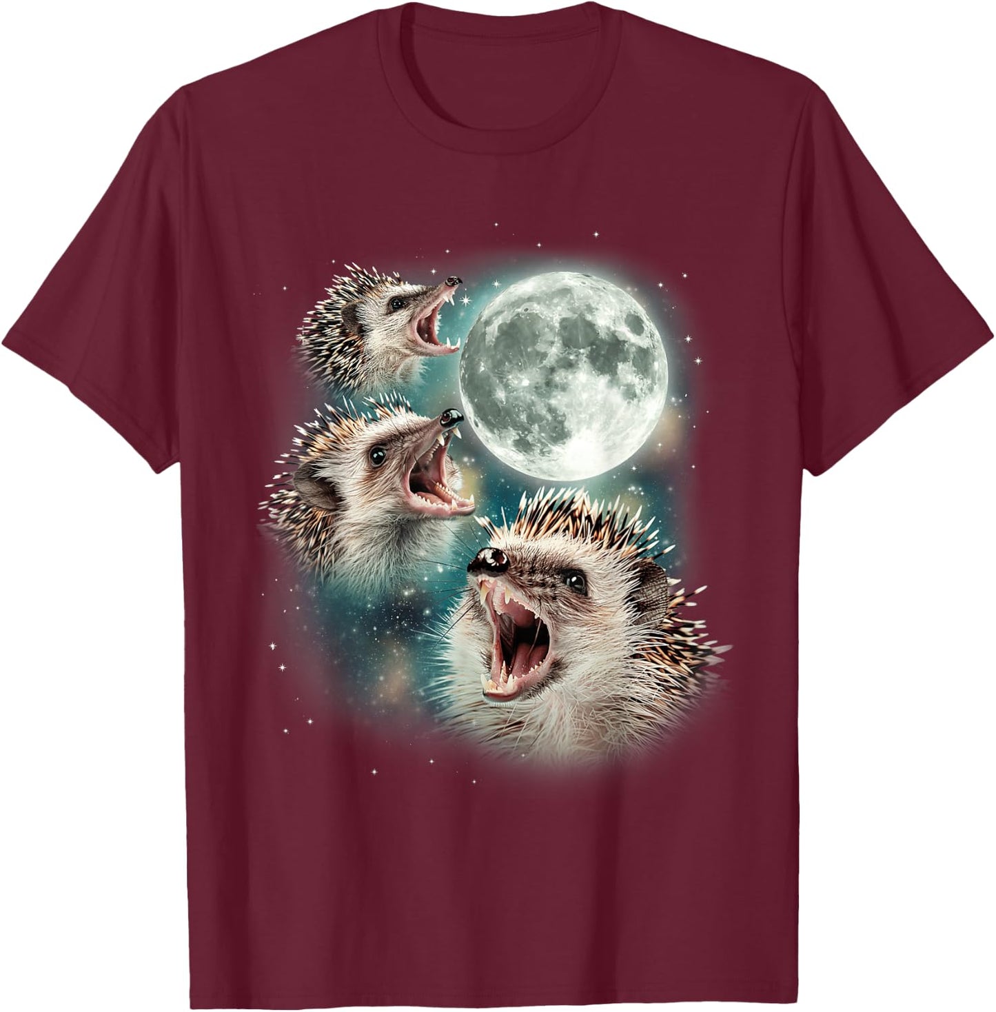 Three Hedgehog Moon | 3 Hedgies Funny Weird Cursed Meme , black, S T-Shirt - T-Shirt | Maroon