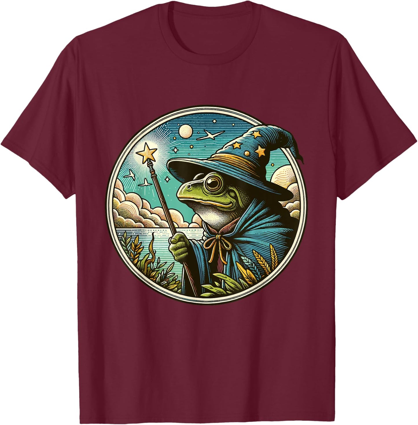 Whimsical Frog Wizard T-Shirt - T-Shirt | Maroon