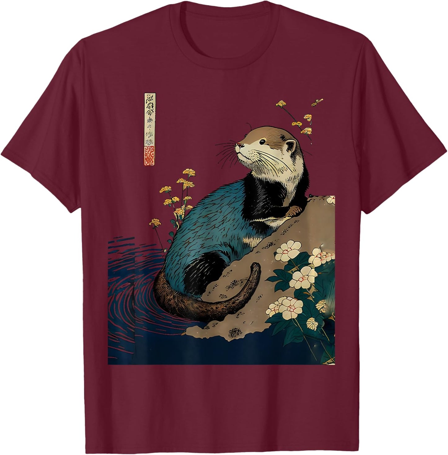 Floral Otter Water Japanese Art Print T-Shirt - T-Shirt | Maroon