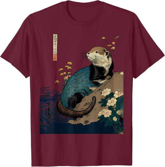 Floral Otter Water Japanese Art Print T-Shirt - T-Shirt | Maroon