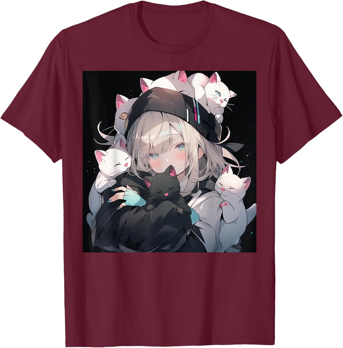 Anime and Cat Lovers for Teen Manga Kawaii Graphic Otaku , black T-Shirt - T-Shirt | Maroon