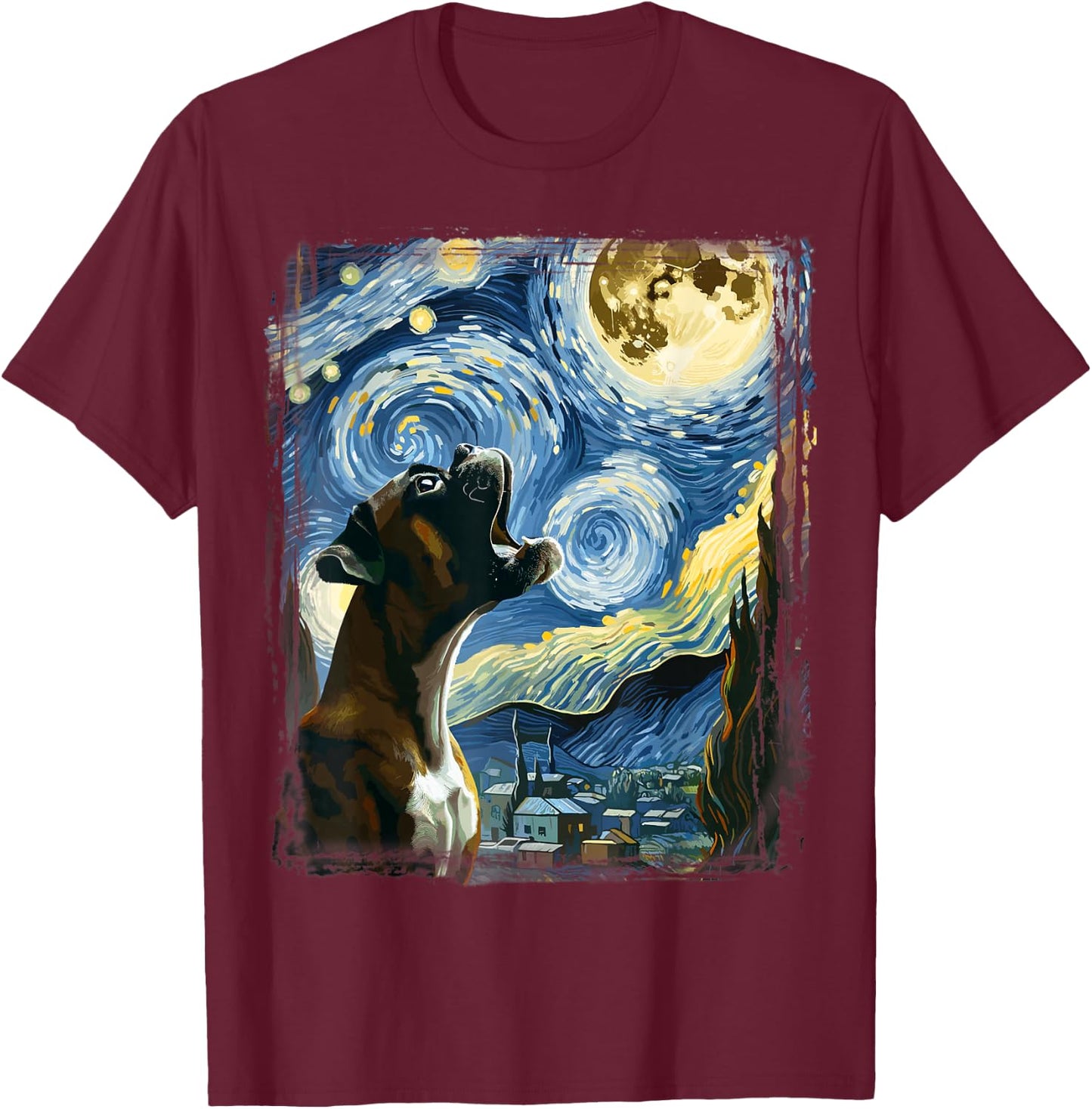 Boxer Dog Moonlit Canine Art Van Gogh Starry Night Boxer T-Shirt - T-Shirt | Maroon