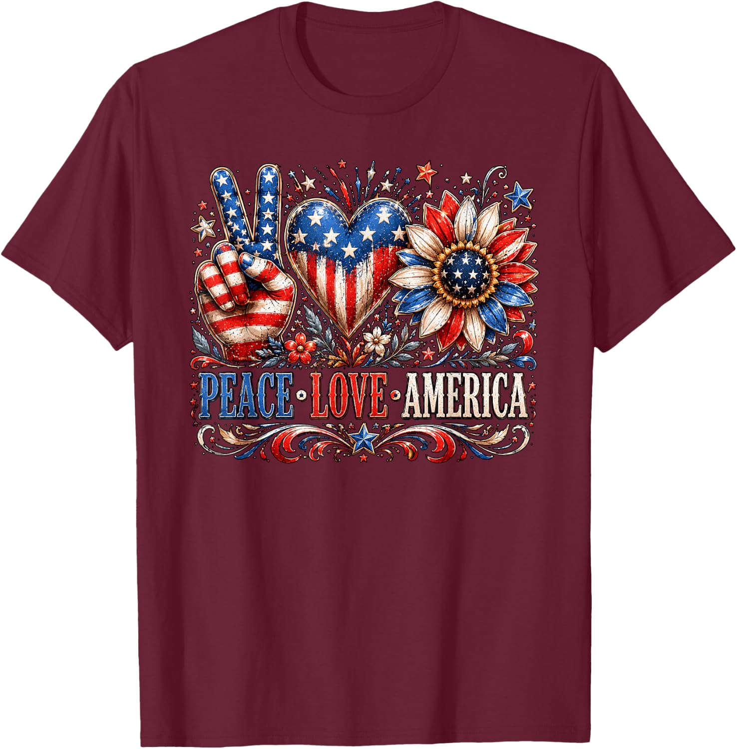 Patriotic Sunflower USA Flag Peace Love America 4th of July T-Shirt - T-Shirt | Maroon
