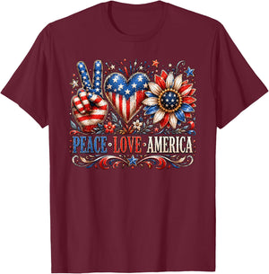 Patriotic Sunflower USA Flag Peace Love America 4th of July T-Shirt - T-Shirt | Maroon