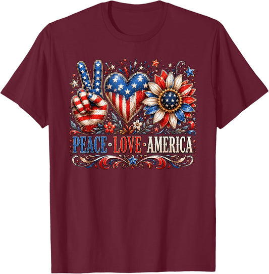 Patriotic Sunflower USA Flag Peace Love America 4th of July T-Shirt - T-Shirt | Maroon
