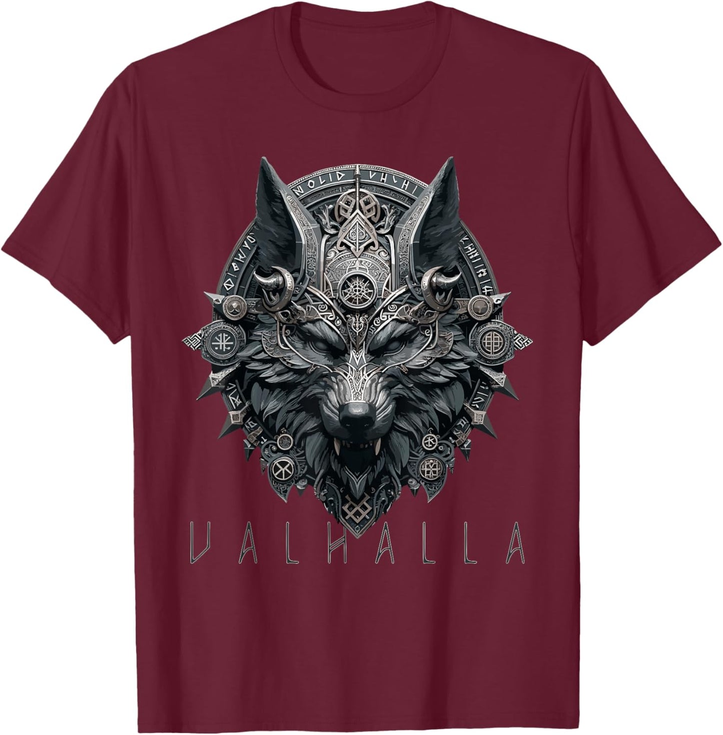 Valhalla Odin Runes Norse Wolf Mask Viking Compass Man Woman T-Shirt - T-Shirt | Maroon
