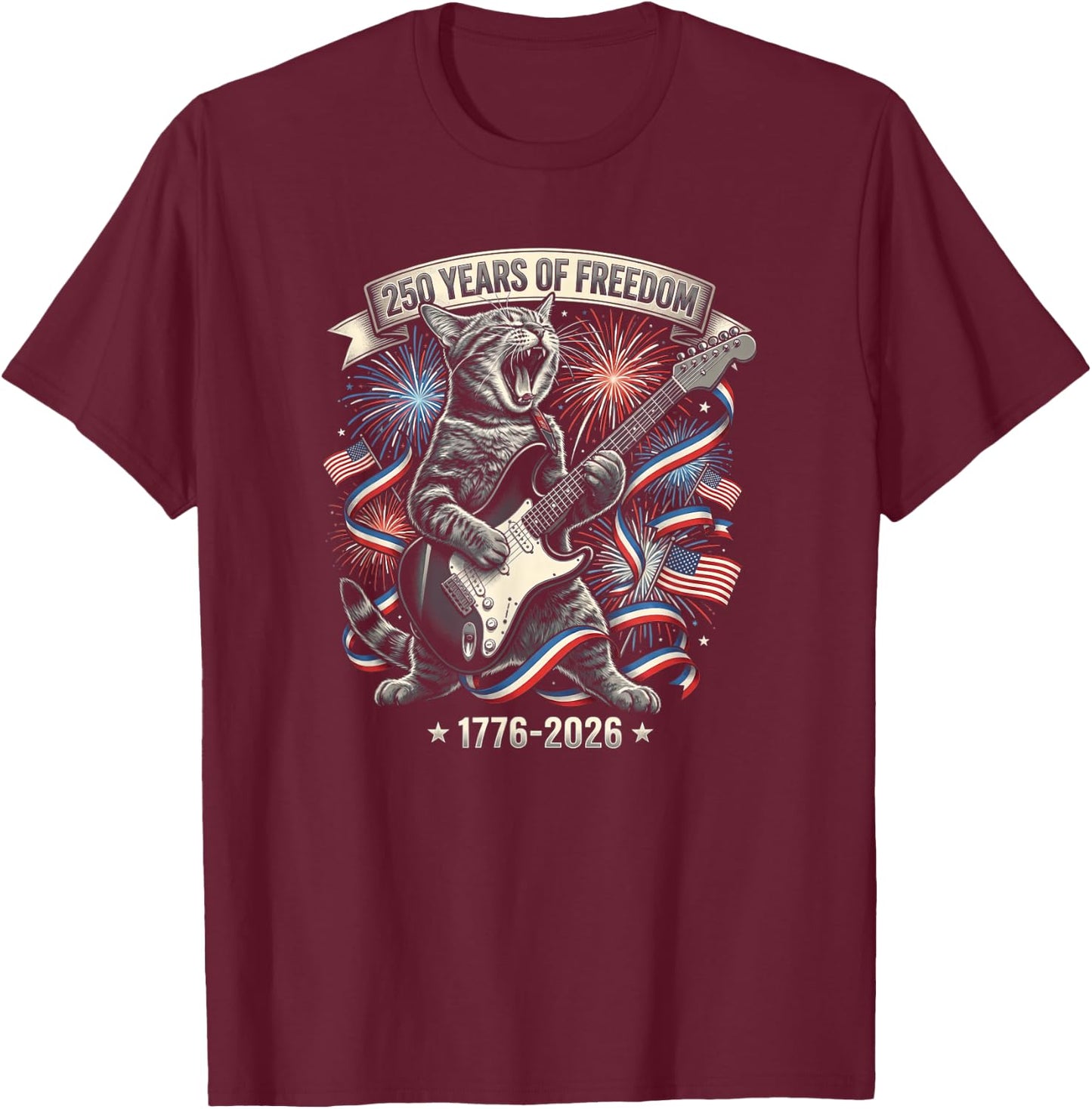 Funny Cat 250 Years Rock American Flag Patriotic 4th of July T-Shirt - T-Shirt | Maroon