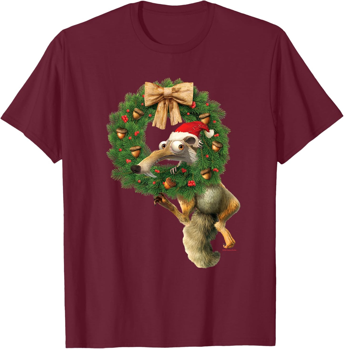 20th Century Fox Ice Age Scrat Prehistoric Christmas Holiday Acorn Wreath T-Shirt - T-Shirt | Maroon