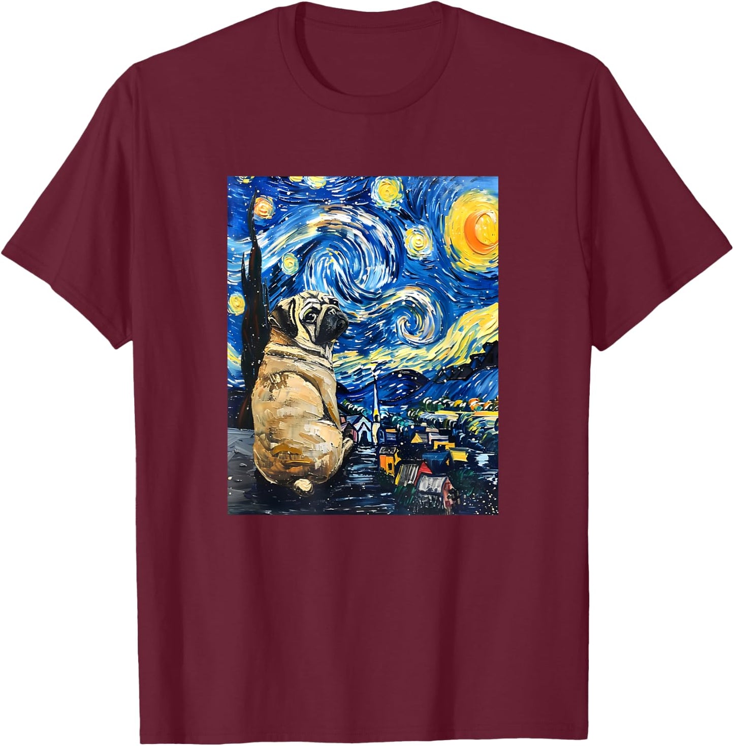 Cute Van Gogh Pug Starry Night Funny Dog Women Men T-Shirt - T-Shirt | Maroon
