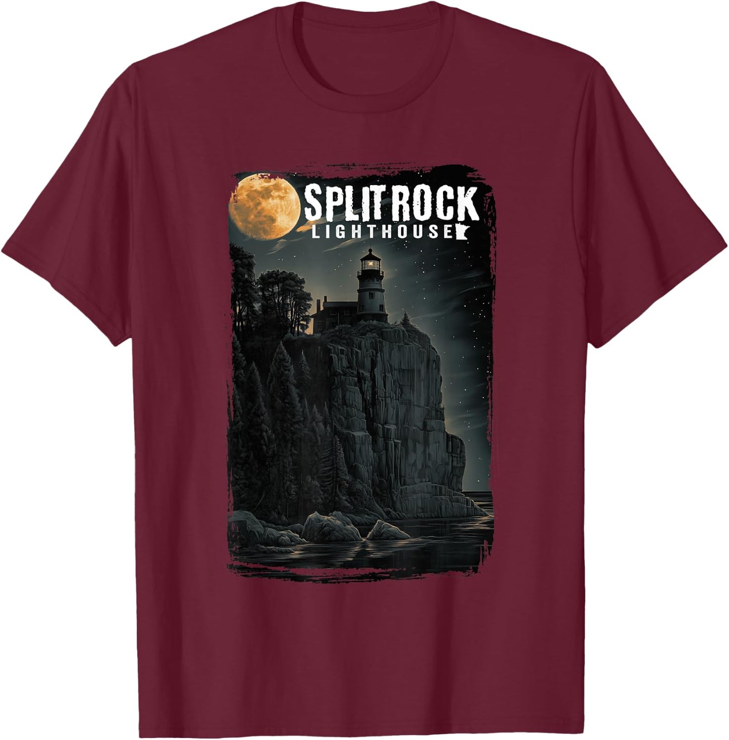Moon Night Classic Split Rock Lighthouse Minnesota T-Shirt - T-Shirt | Maroon