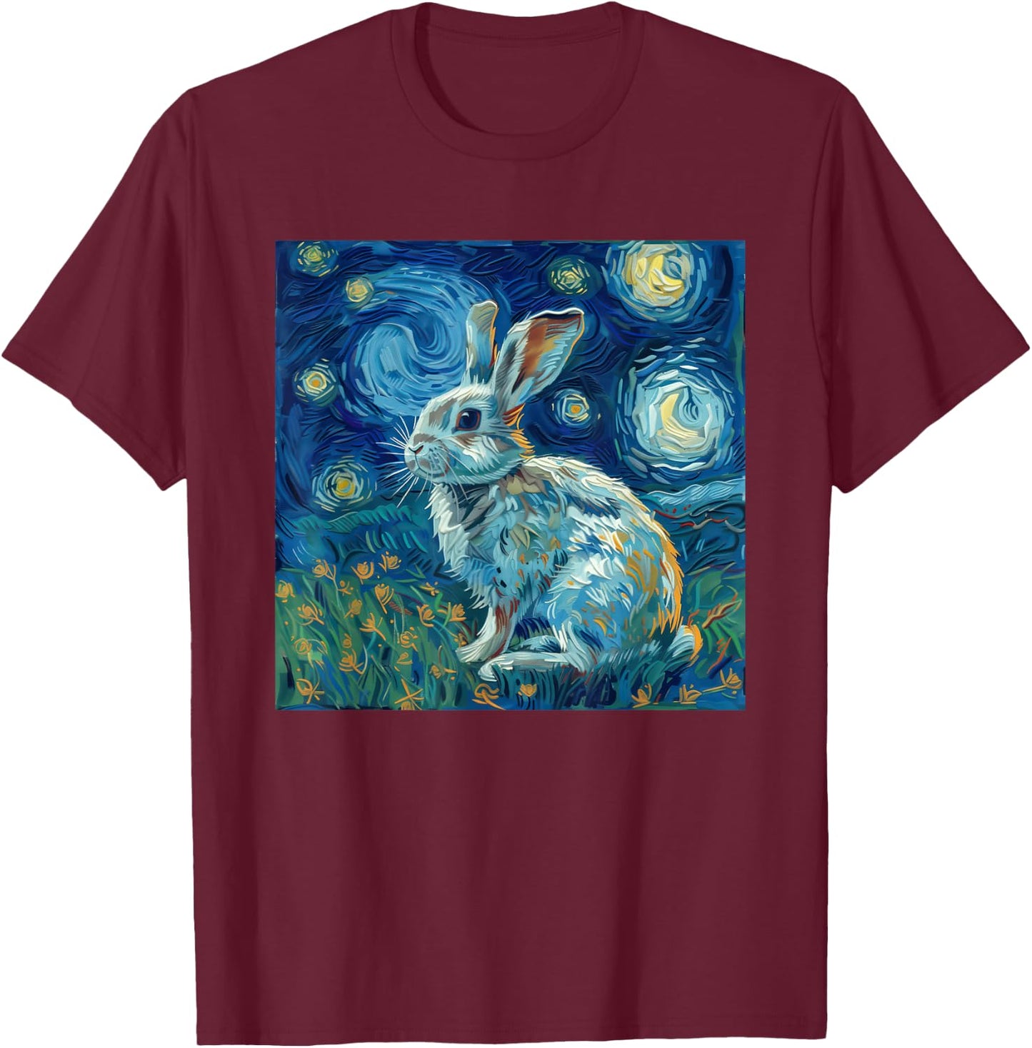 Bunny Rabbit Van Gogh Style Starry Night T-Shirt - T-Shirt | Maroon