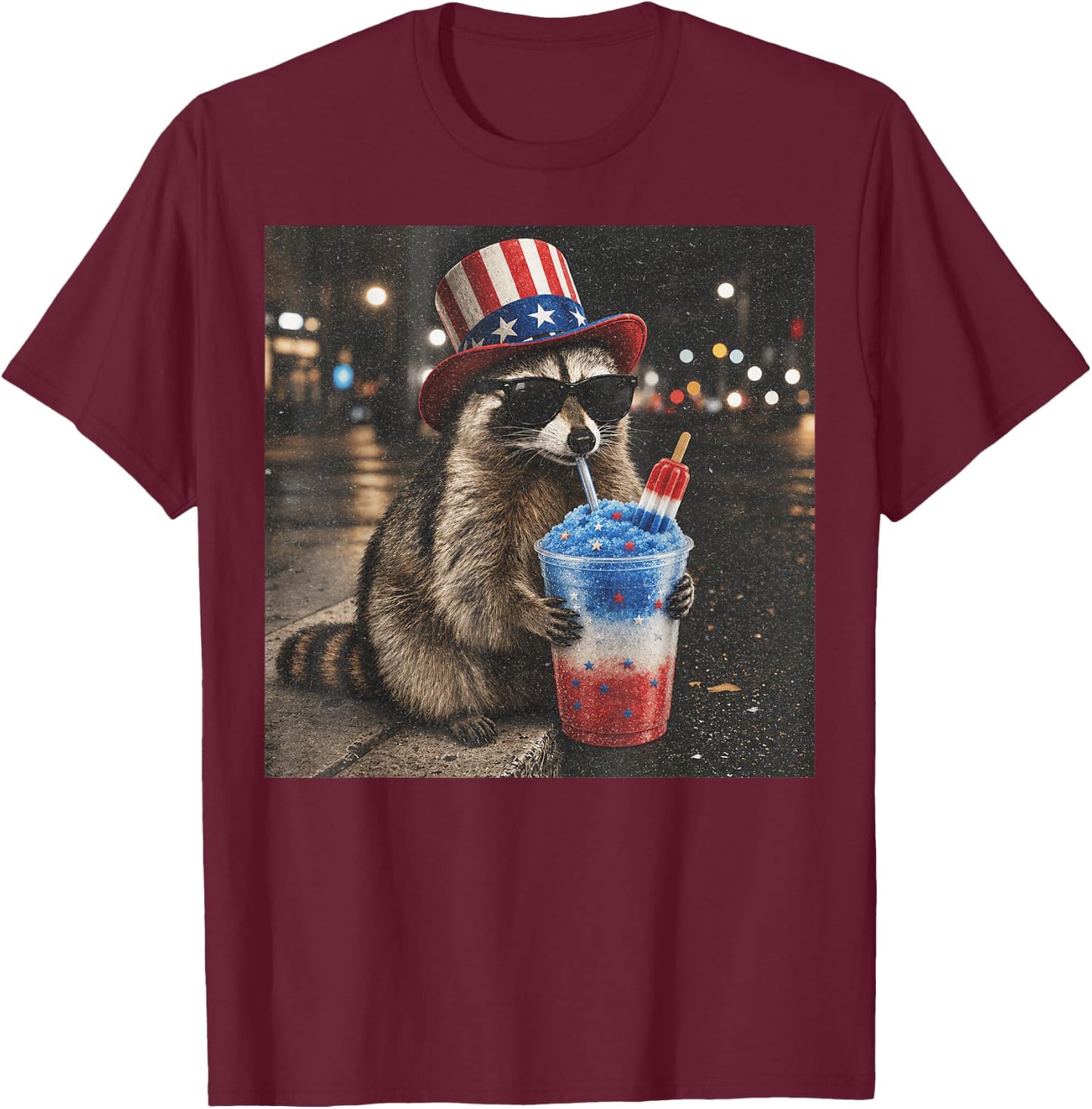 4th of July Raccoon Drinking Red White Blue Slushie Popsicle T-Shirt - T-Shirt | Maroon