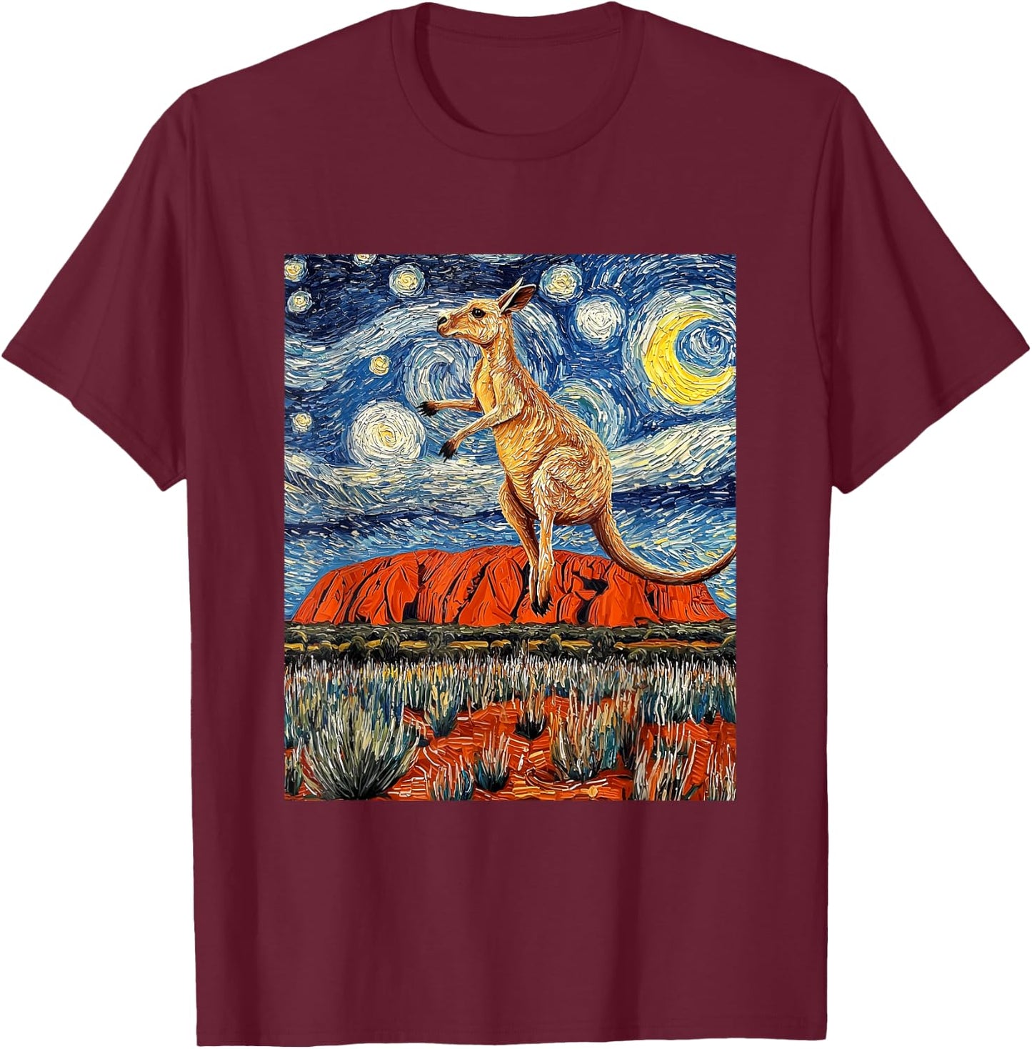 Kangaroo Ayers Rock Uluru Van Gogh Style Starry Night T-Shirt - T-Shirt | Maroon
