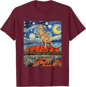 Kangaroo Ayers Rock Uluru Van Gogh Style Starry Night T-Shirt - T-Shirt | Maroon