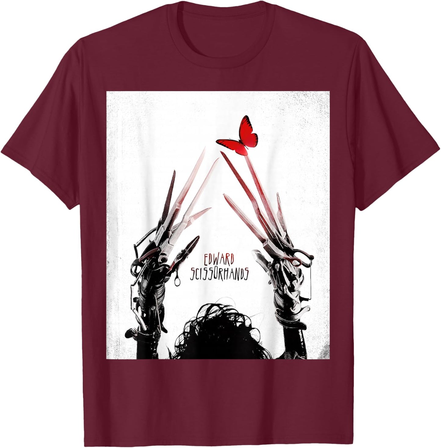 Tim Burton's Edward Scissorhands Red Butterfly Movie Poster Small T-Shirt - T-Shirt | Maroon