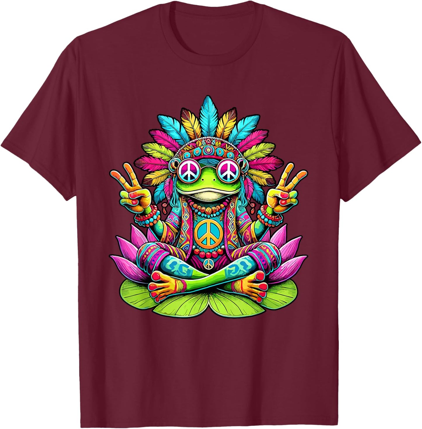 Hippie Frog, Peace Sign, 70s Party & 60s Costume, Sunglasses , black T-Shirt - T-Shirt | Maroon