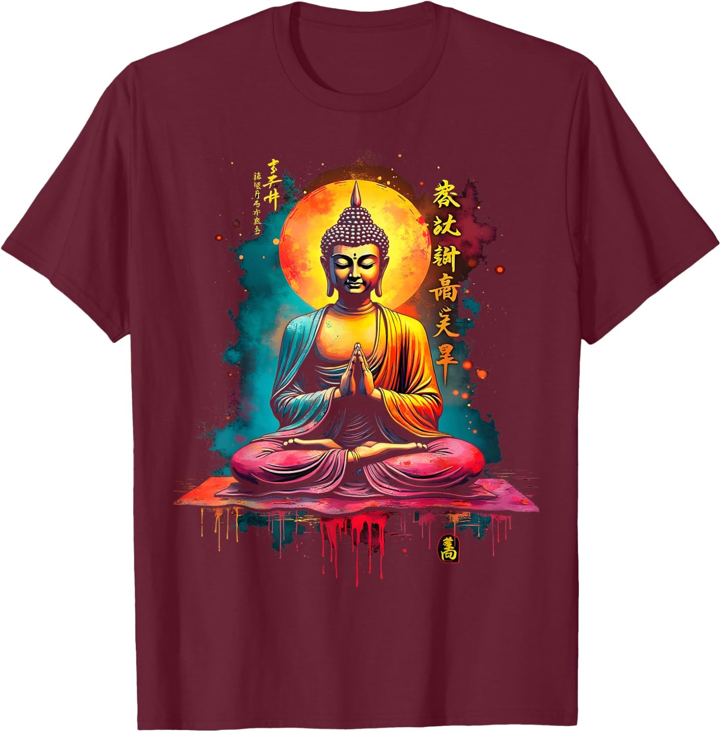 Bright Buddha and Moon , Black, S T-Shirt - T-Shirt | Maroon